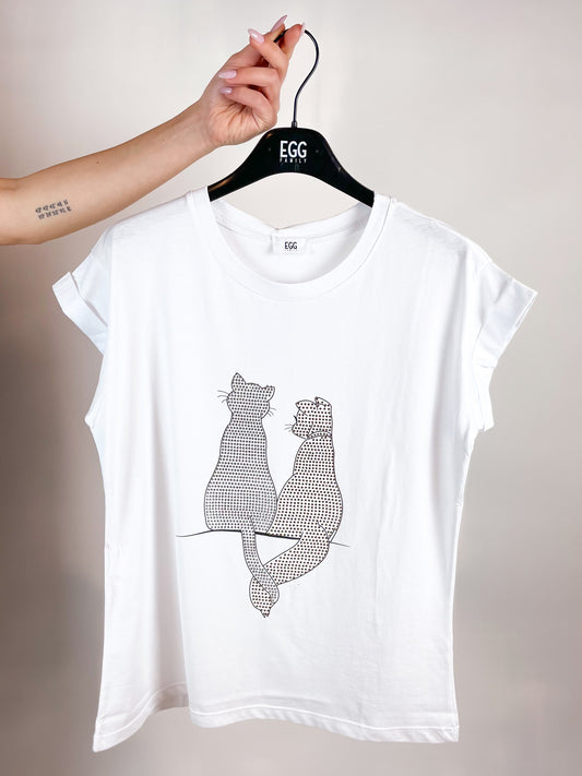 T-shirt bianca con gatti