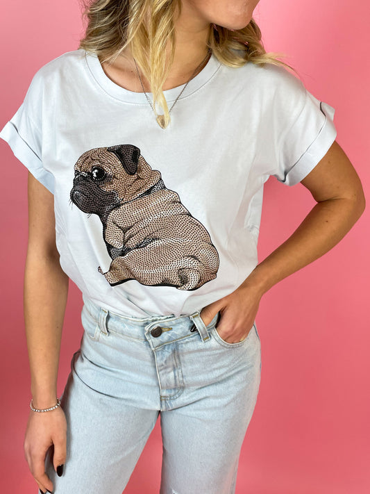 T-shirt celeste chiaro con cane e strass
