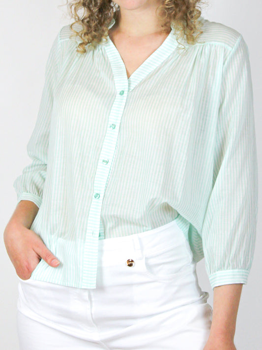 Camicia in cotone leggero a righe bianche e verde acqua
