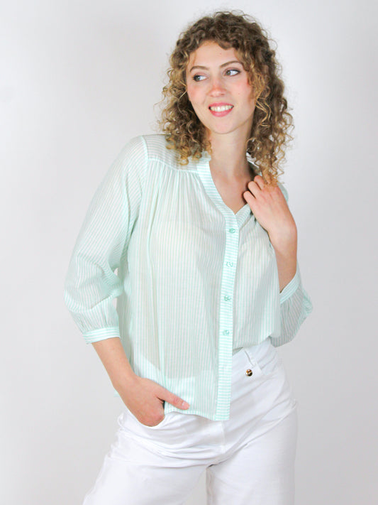 Camicia in cotone leggero a righe bianche e verde acqua