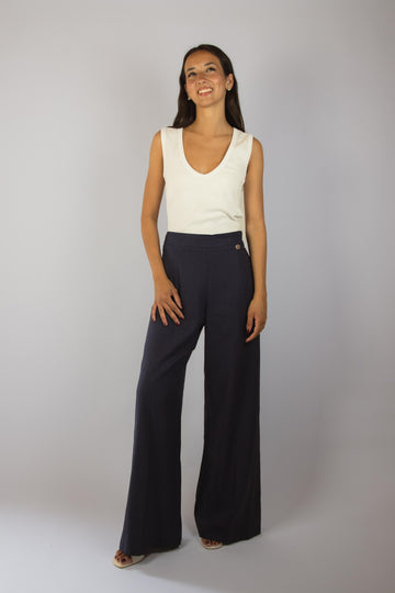 Pantalone lungo in lino blu JP3001T110 BLU EGG FAMILY 