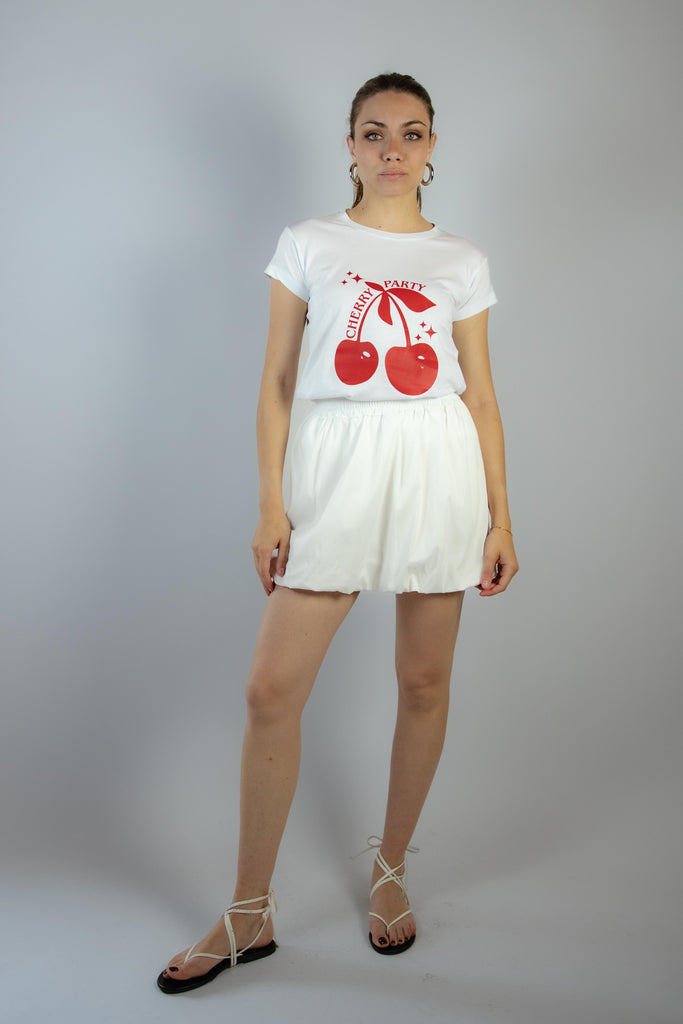 T-shirt bianca con stampa ciliegie "Cherry Party" MIA CHERRY BIANCO EGG FAMILY 