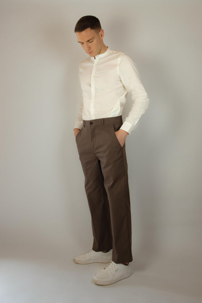 Camicia bianca in lino a maniche lunghe collo alla coreana P633013 BIANCO EGG FAMILY 