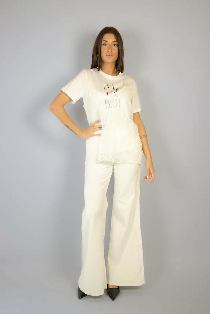 T-shirt bianca con top in pizzo e scritta SH000995 LATTE/BURRO EGG FAMILY 