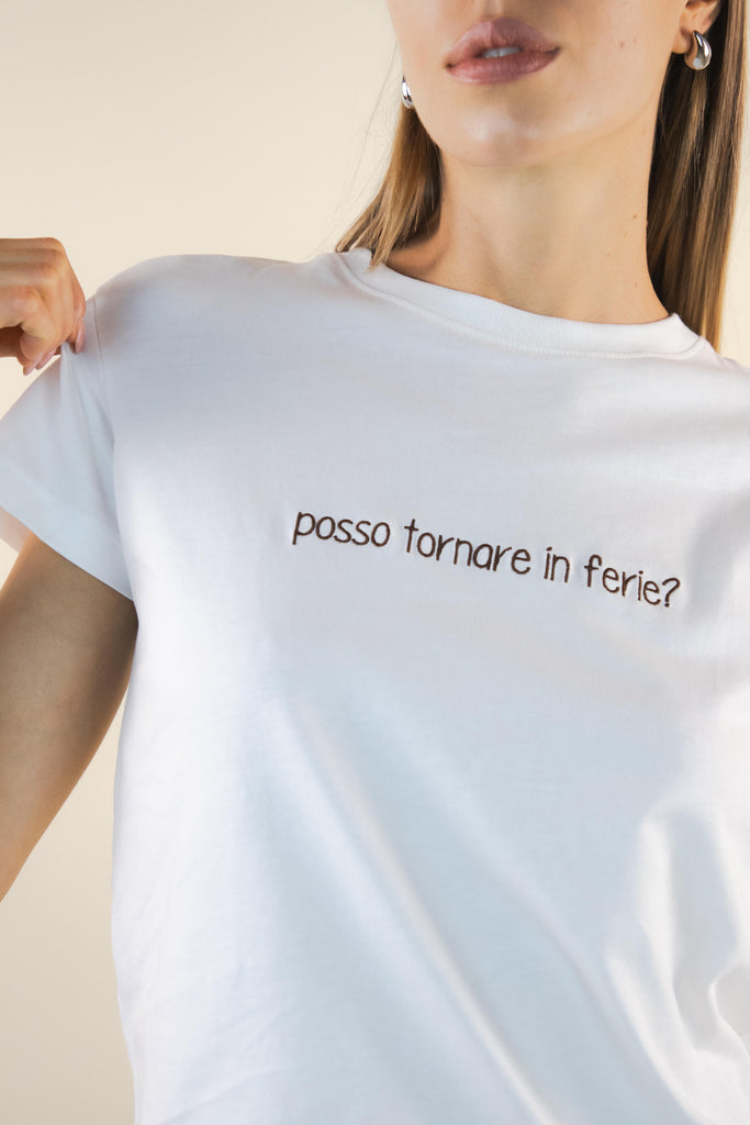 T-shirt bianca ricamo Ferie W1PLACIDO 04 FERIE PANNA/MORO EGG FAMILY 