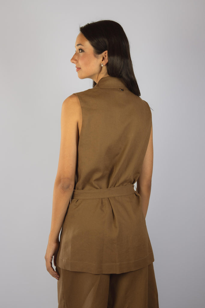 Gilet in lino color marrone cioccolato JK4455T110 MORO EGG FAMILY 