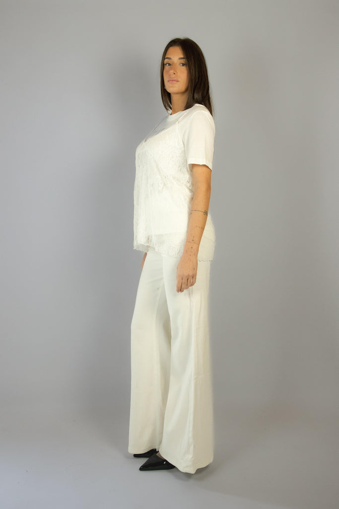 T-shirt bianca con top in pizzo e scritta SH000995 LATTE/BURRO EGG FAMILY 