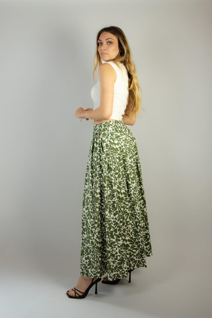 Gonna lunga in fantasia bianca e verde in stile damascato G331/61 ARMY EGG FAMILY 