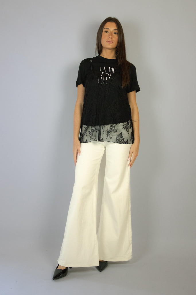T-shirt nera con scritta e canotta in pizzo SH000995 NERO/NERO EGG FAMILY 