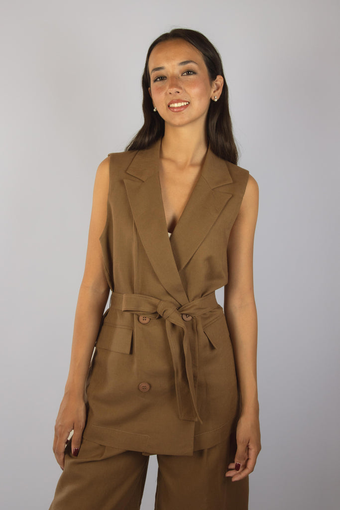 Gilet in lino color marrone cioccolato JK4455T110 MORO EGG FAMILY 