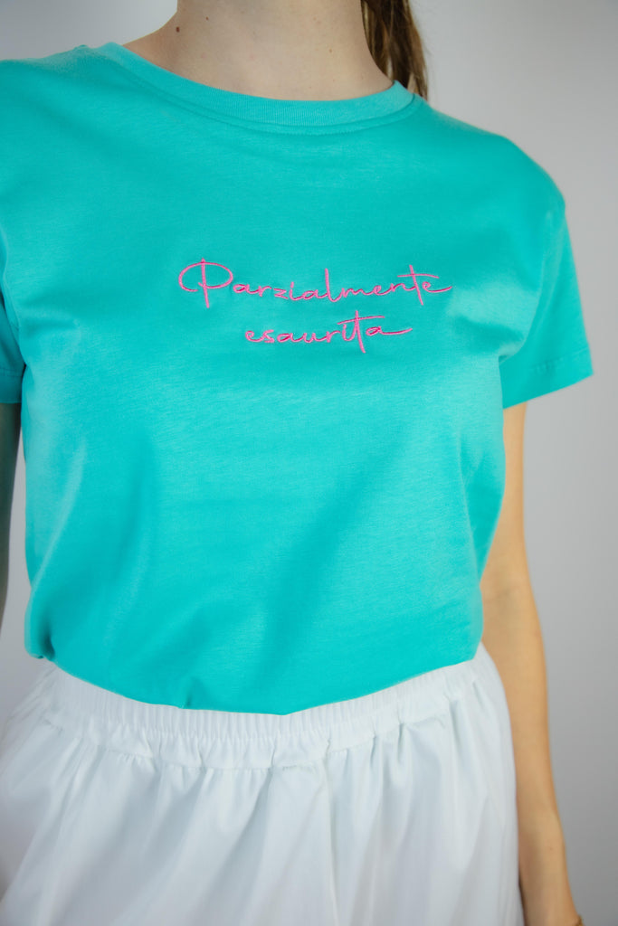 T-shirt color tiffany con ricamo rosa Parzialmente esaurita RK1714 TIFFANY EGG FAMILY 