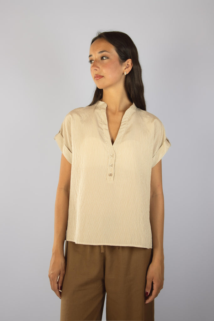 Camicia a righe beige manica corta JC6979R7 RIGA BEIGE EGG FAMILY 