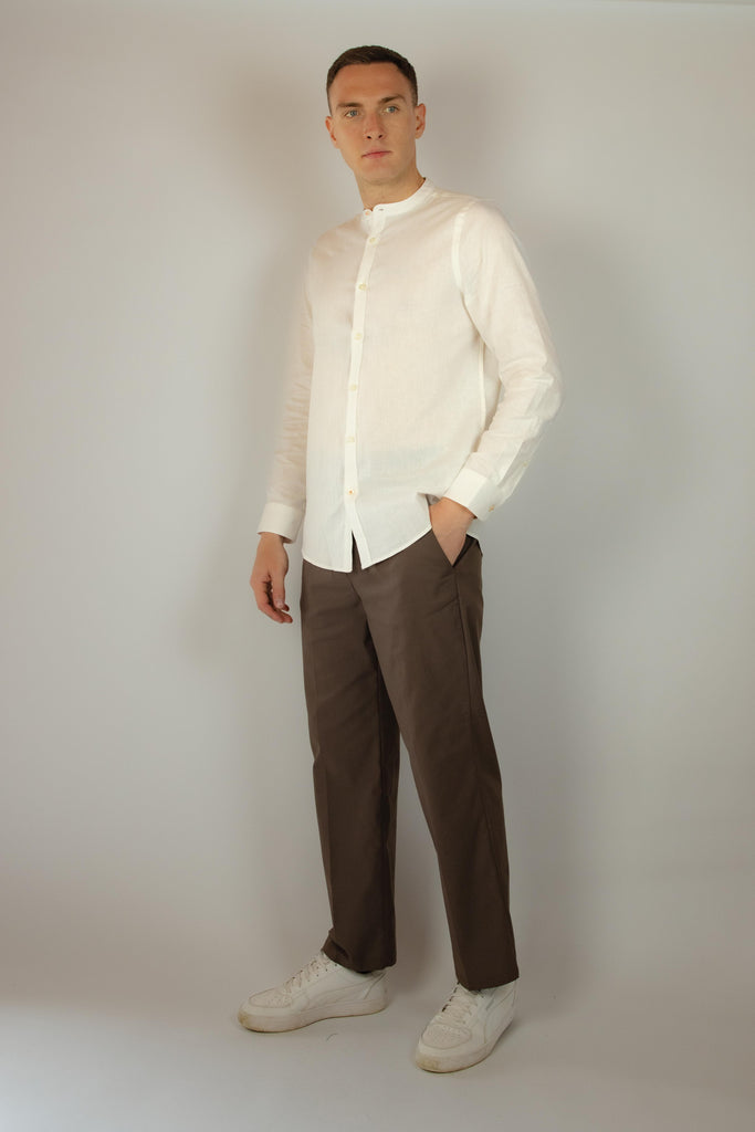 Camicia bianca in lino a maniche lunghe collo alla coreana P633013 BIANCO EGG FAMILY 