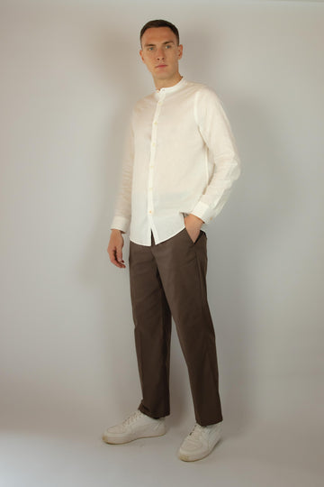 Camicia bianca in lino a maniche lunghe collo alla coreana P633013 BIANCO EGG FAMILY 