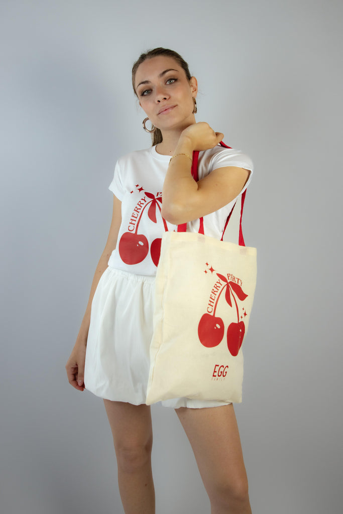 T-shirt bianca con stampa ciliegie "Cherry Party" MIA CHERRY BIANCO EGG FAMILY 
