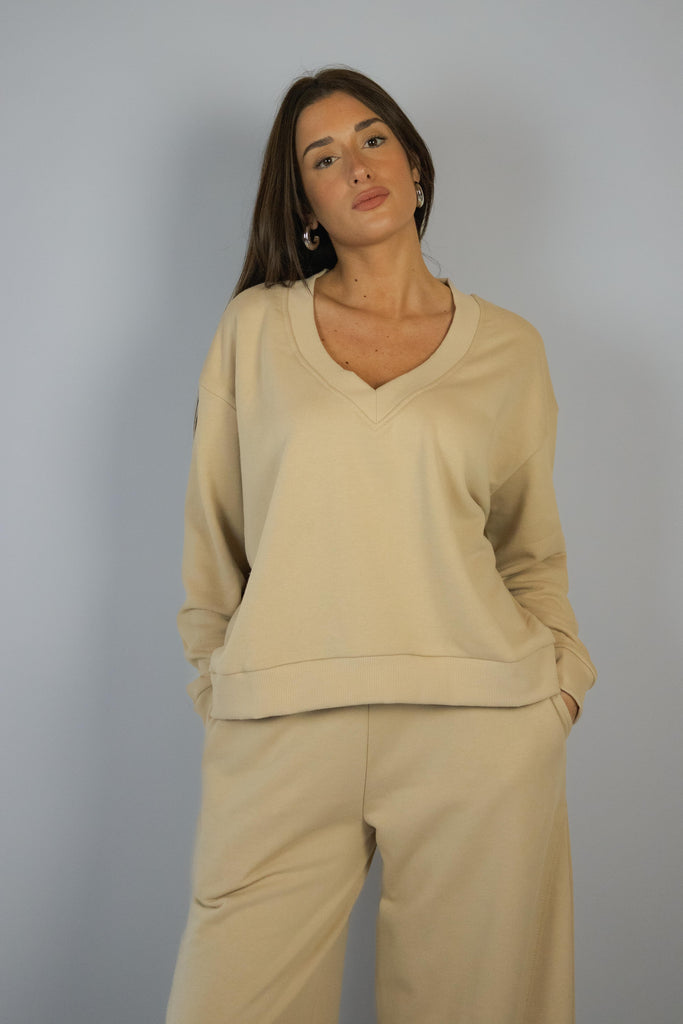 Felpa leggera con scollo a V avorio BROOKLYN AVORIO EGG FAMILY 
