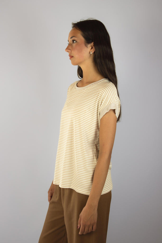 T-shirt a righe bianche e beige M6913R15T39 BEIGE EGG FAMILY 