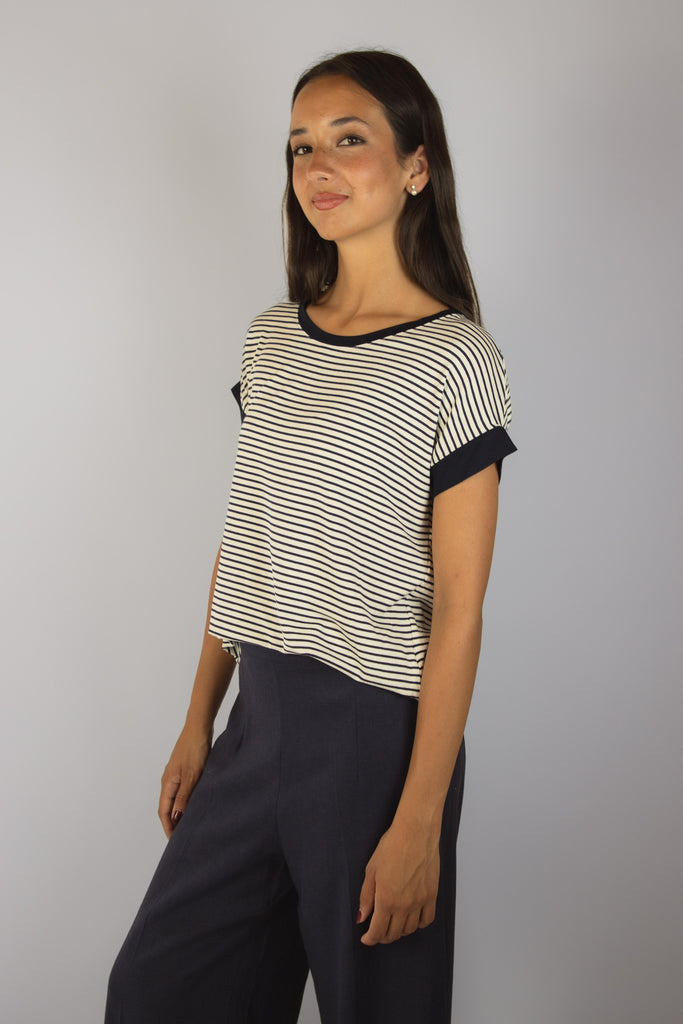 T-shirt a righe bianche e blu M6913R15T39 BLU EGG FAMILY 