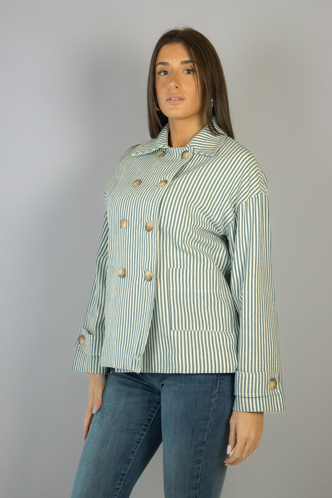 Trench corto in cotone a righe bianche e blu chiaro 50826 ECLIPSE EGG FAMILY 