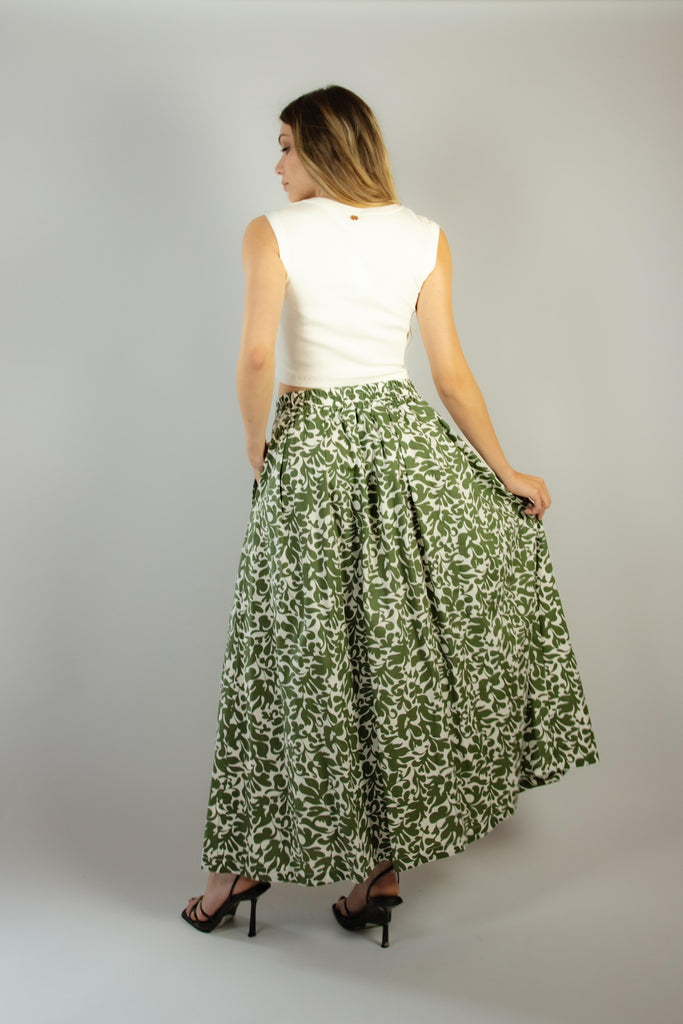 Gonna lunga in fantasia bianca e verde in stile damascato G331/61 ARMY EGG FAMILY 