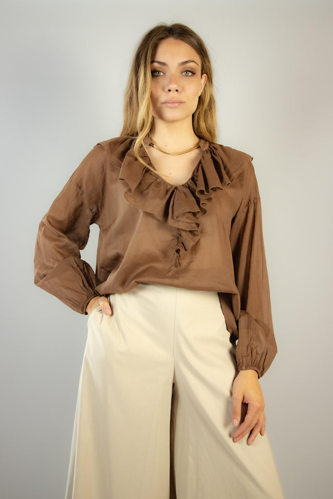 Camicia in mussola di cotone con rouches marrone 7393 CAFFE EGG FAMILY 