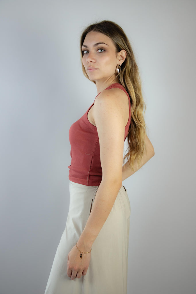 Top corto a costine con anello arancio e rosa salmone W2SMITH06 PORPORA EGG FAMILY 