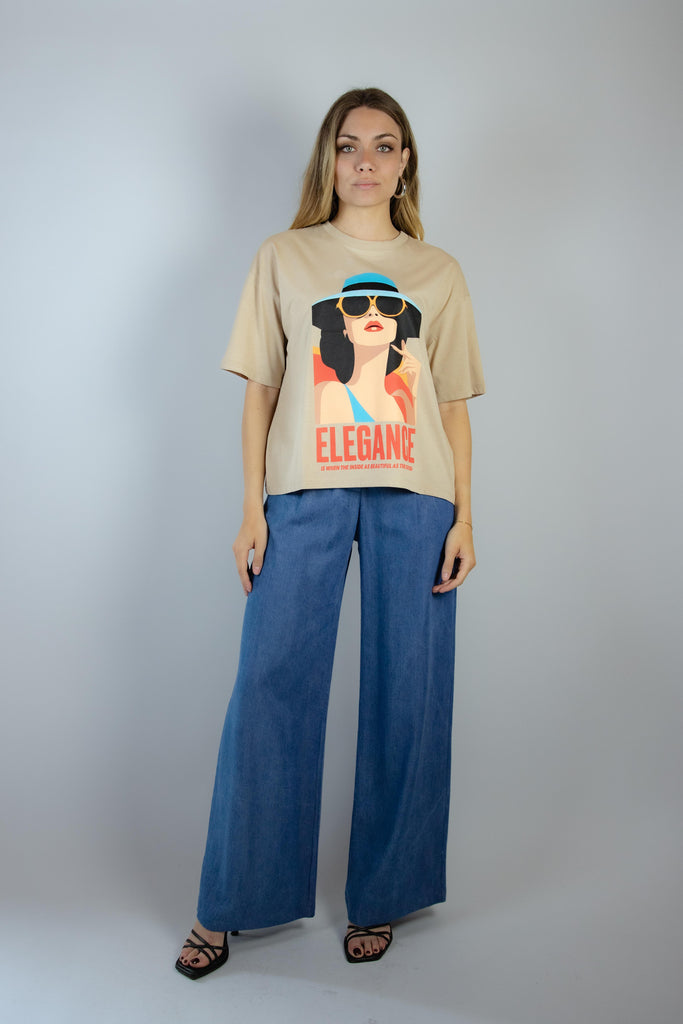 T-shirt beige con stampa e scritta Elegance ELEGANCE BEIGE EGG FAMILY 