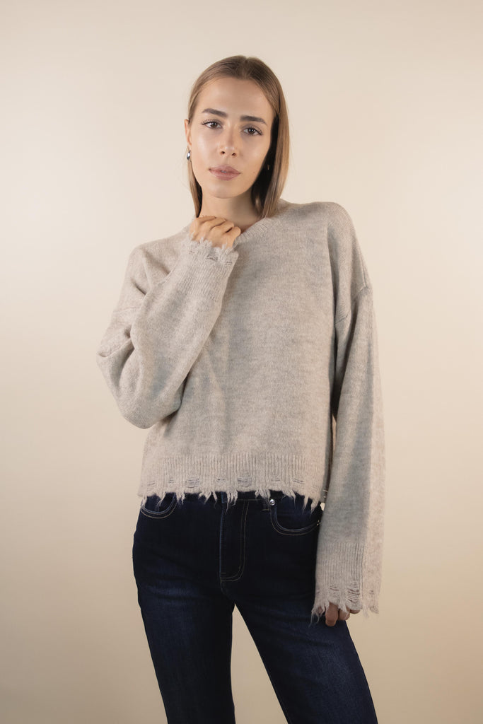 Maglia beige con effetto sfilacciato PA1018 BEIGE EGG FAMILY 