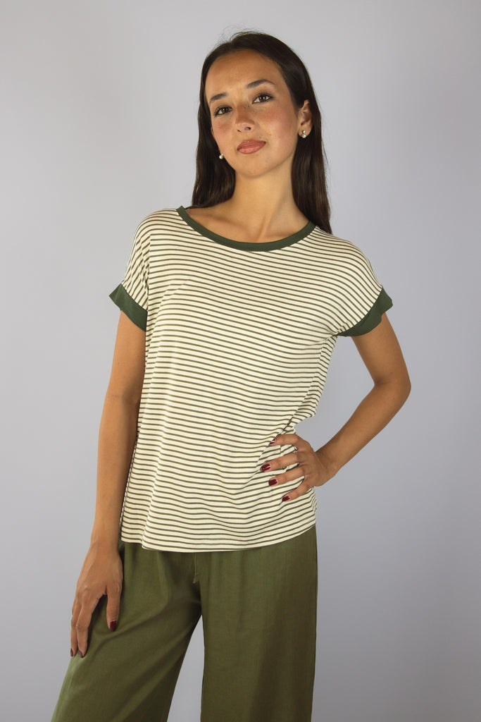 T-shirt a righe bianche e verdi M6913R15T39 VERDE EGG FAMILY 