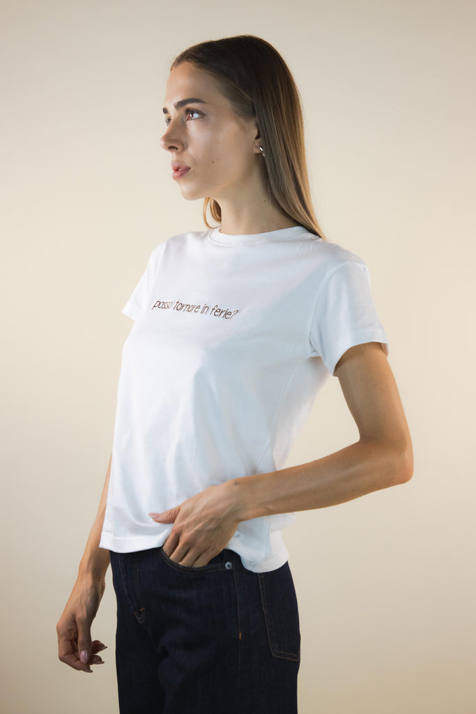 T-shirt bianca ricamo Ferie W1PLACIDO 04 FERIE PANNA/MORO EGG FAMILY 