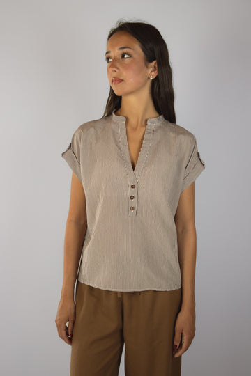 Camicia in viscosa a maniche corte e microriga marrone JC6979R7 RIGA MORO EGG FAMILY 