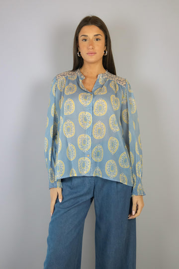 Camicia in fantasia celeste e giallo 7240 VARIANTE 2 EGG FAMILY 