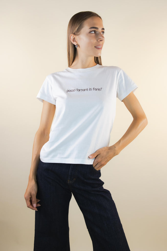 T-shirt bianca ricamo Ferie W1PLACIDO 04 FERIE PANNA/MORO EGG FAMILY 