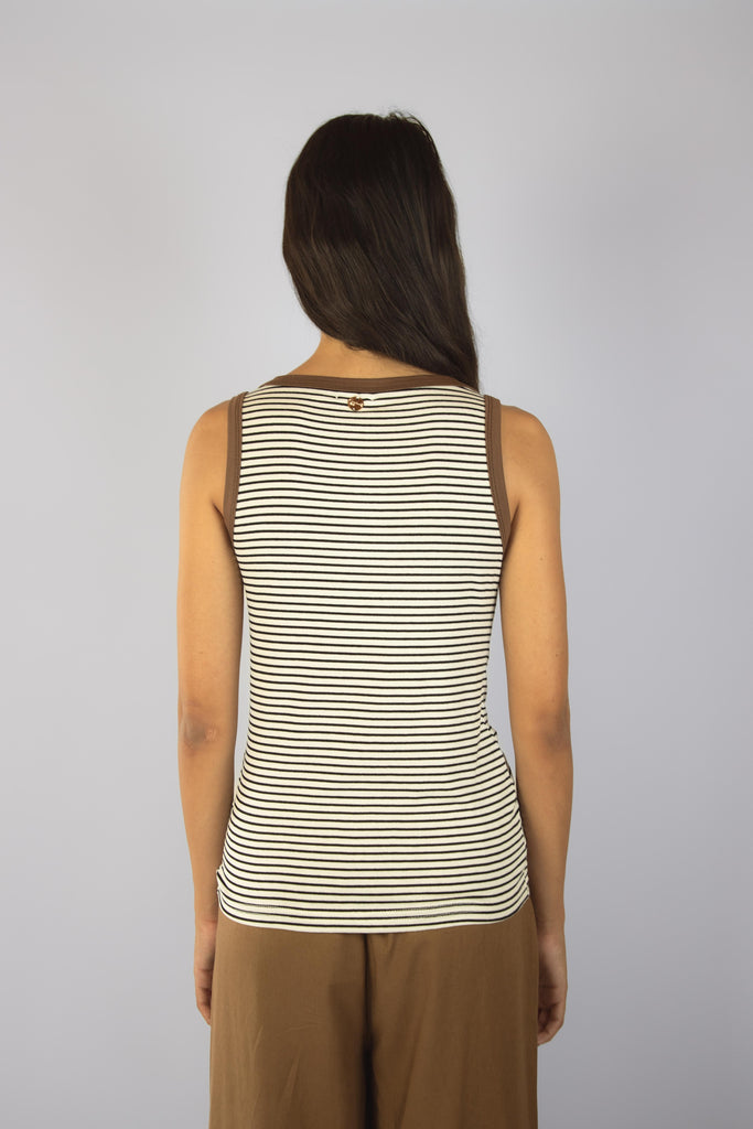 Canotta a righe bianche e nere con profilo marrone T6702R15T39 CIOCCOLATO EGG FAMILY 