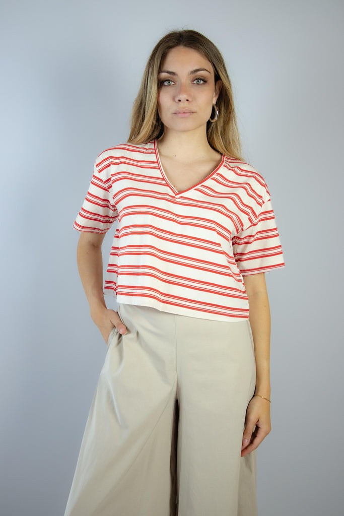 T-shirt a righe panna e rosso MGC0070 ROSSO EGG FAMILY 