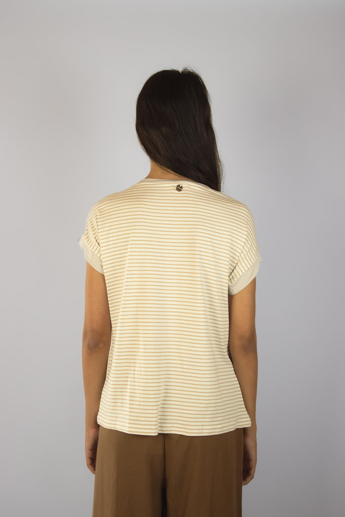 T-shirt a righe bianche e beige M6913R15T39 BEIGE EGG FAMILY 