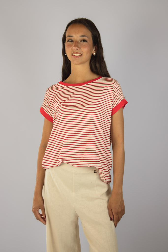 T-shirt a righe bianche e rosse M6412R15T39 ROSSO EGG FAMILY 