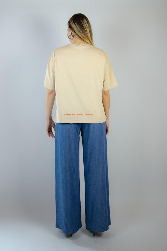 T-shirt beige con stampa e scritta Elegance ELEGANCE BEIGE EGG FAMILY 