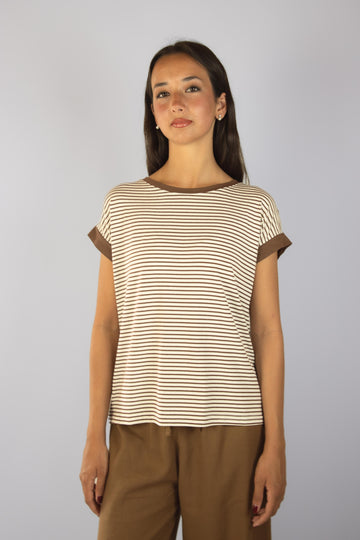 T-shirt a righe bianche e marroni M6913R15T39 MORO EGG FAMILY 