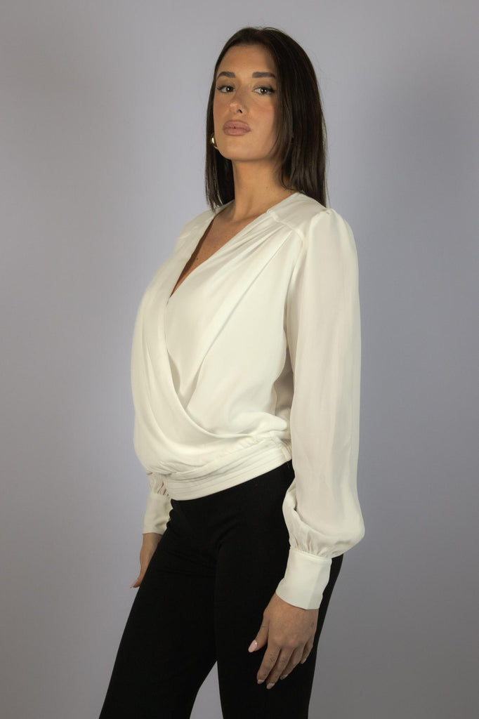 Blusa bianca con ampio scollo a V incrociato CAROSA PANNA EGG FAMILY 