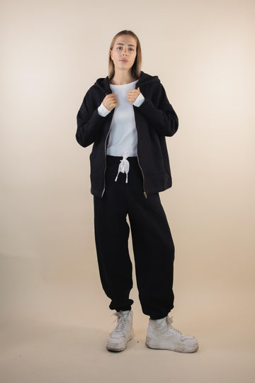 Pantalone nero in felpa con polsino W1RICCI 02 JET BLACK EGG FAMILY 