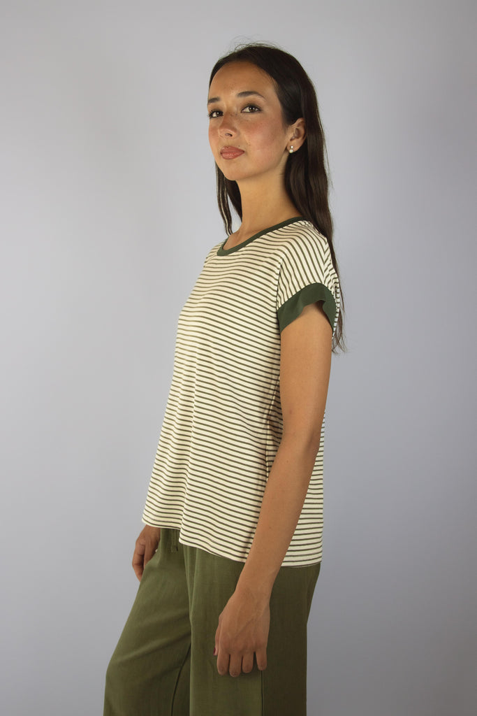 T-shirt a righe bianche e verdi M6913R15T39 VERDE EGG FAMILY 