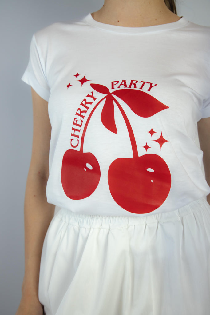 T-shirt bianca con stampa ciliegie "Cherry Party" MIA CHERRY BIANCO EGG FAMILY 