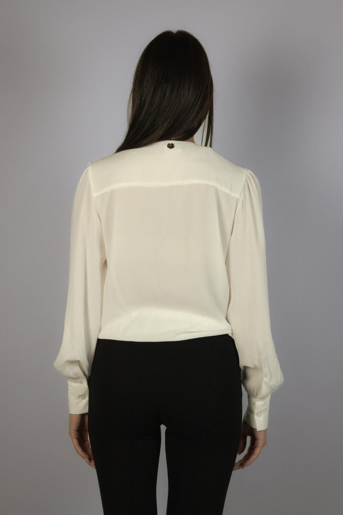 Blusa bianca con ampio scollo a V incrociato CAROSA PANNA EGG FAMILY 