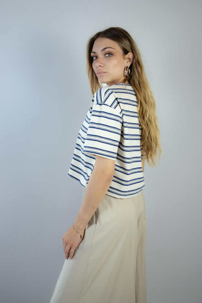 T-shirt a righe panna e blu MGC0070 JEANS EGG FAMILY 