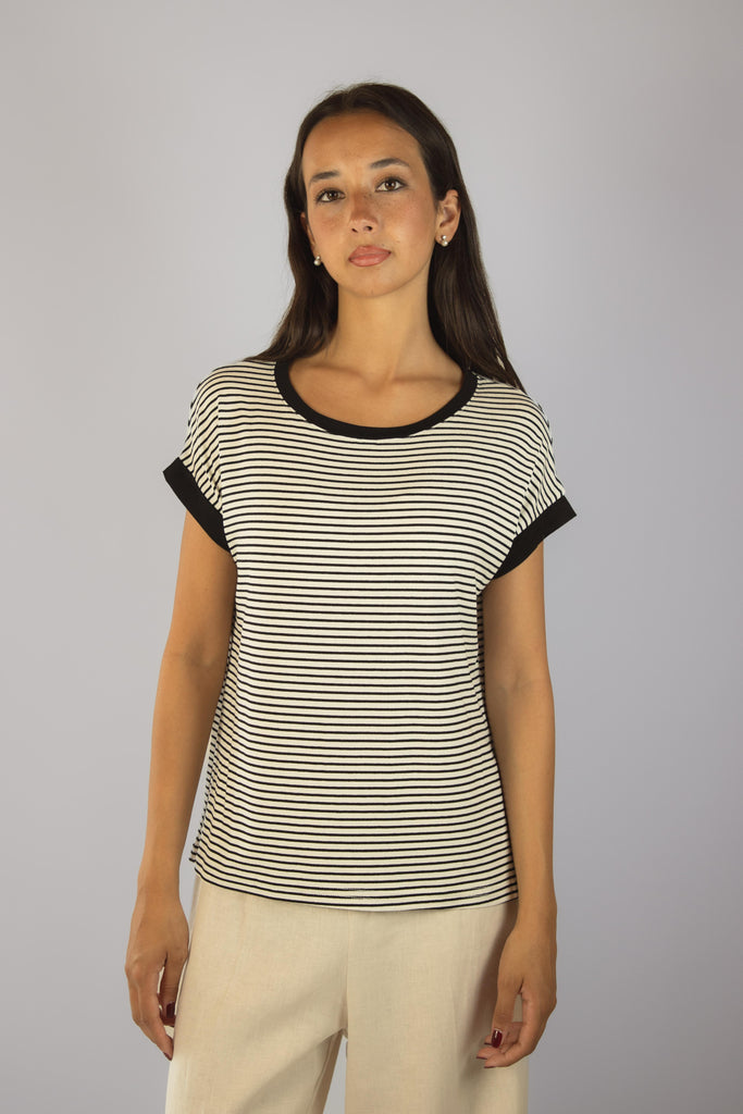 T-shirt a righe bianche e nere M6412R15T39 NERO EGG FAMILY 