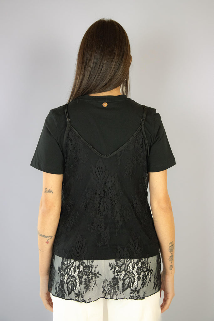 T-shirt nera con scritta e canotta in pizzo SH000995 NERO/NERO EGG FAMILY 