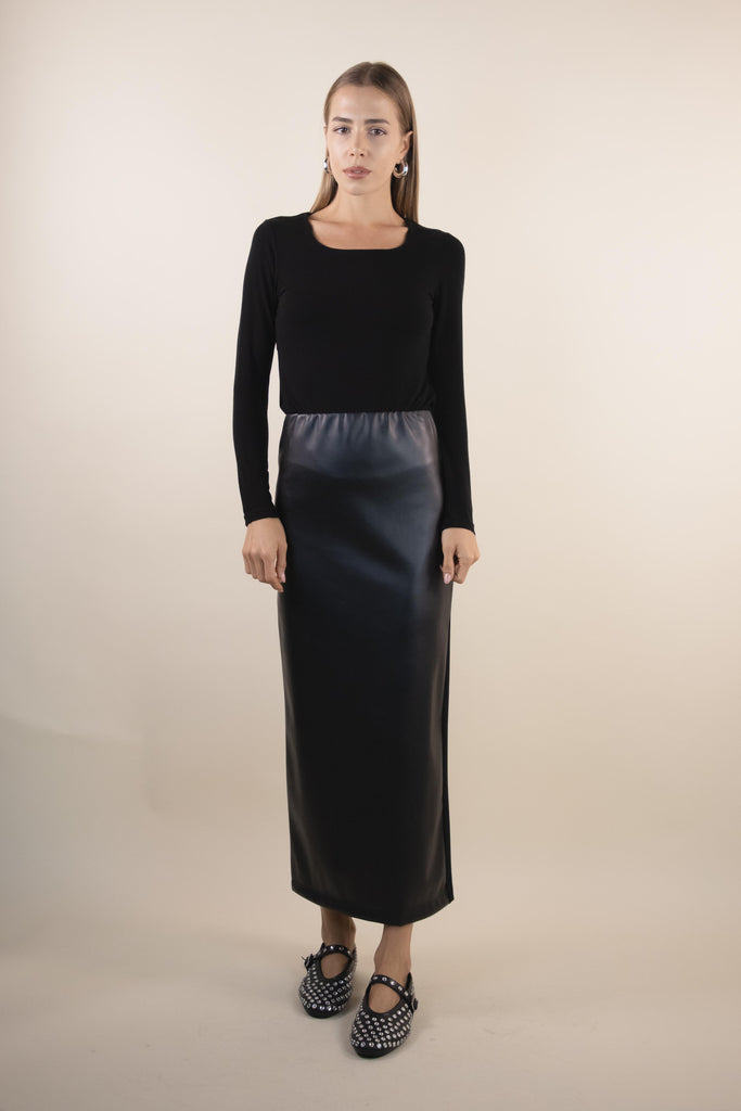 Gonna longuette nera in ecopella e punto milano H329/38 NERO EGG FAMILY 
