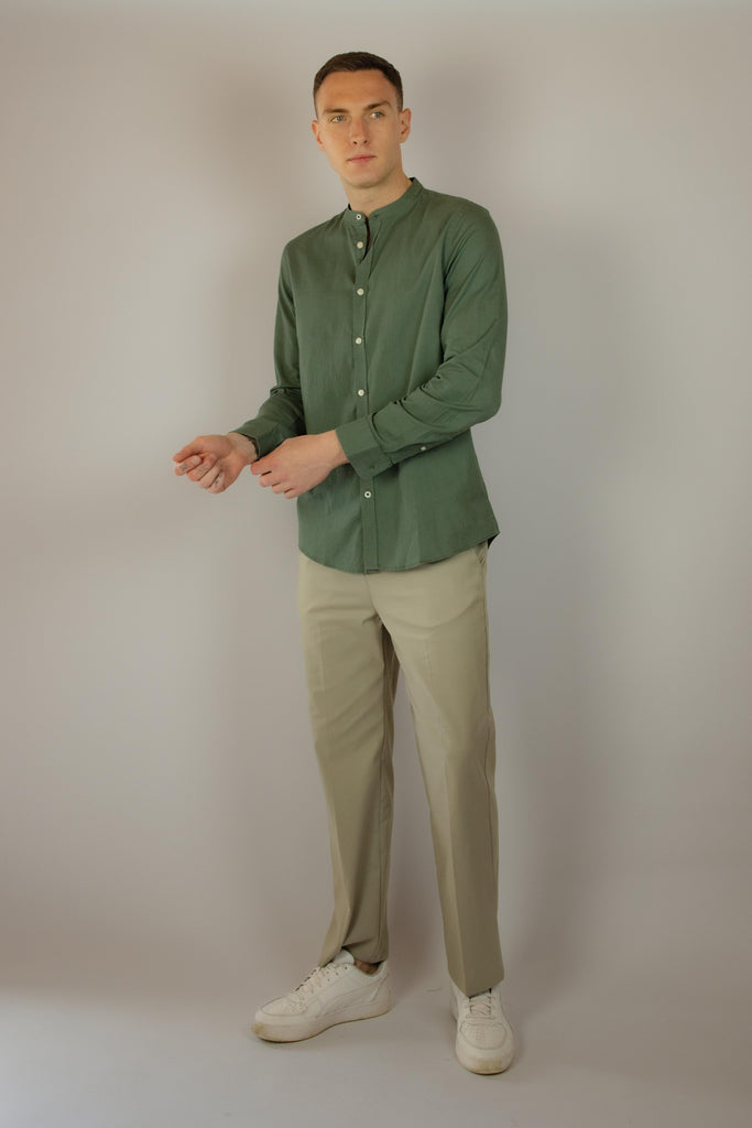 Camicia verde in lino a maniche lunghe collo alla coreana P633013 MILITARE EGG FAMILY 