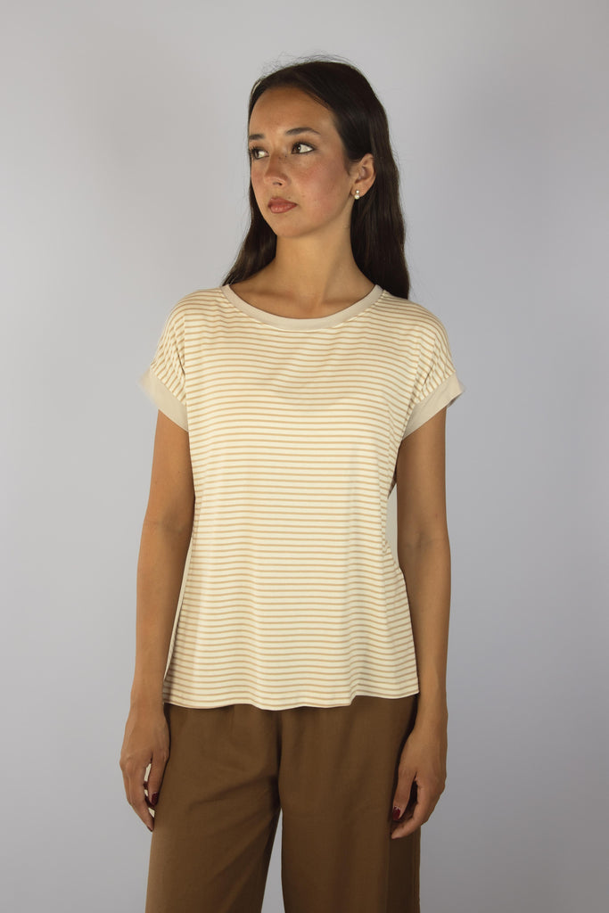 T-shirt a righe bianche e beige M6913R15T39 BEIGE EGG FAMILY 